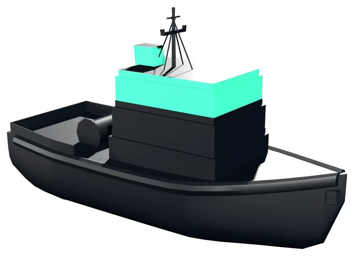 A harbour tug, 32 m long, with a green deckhouse on a dark hull.
