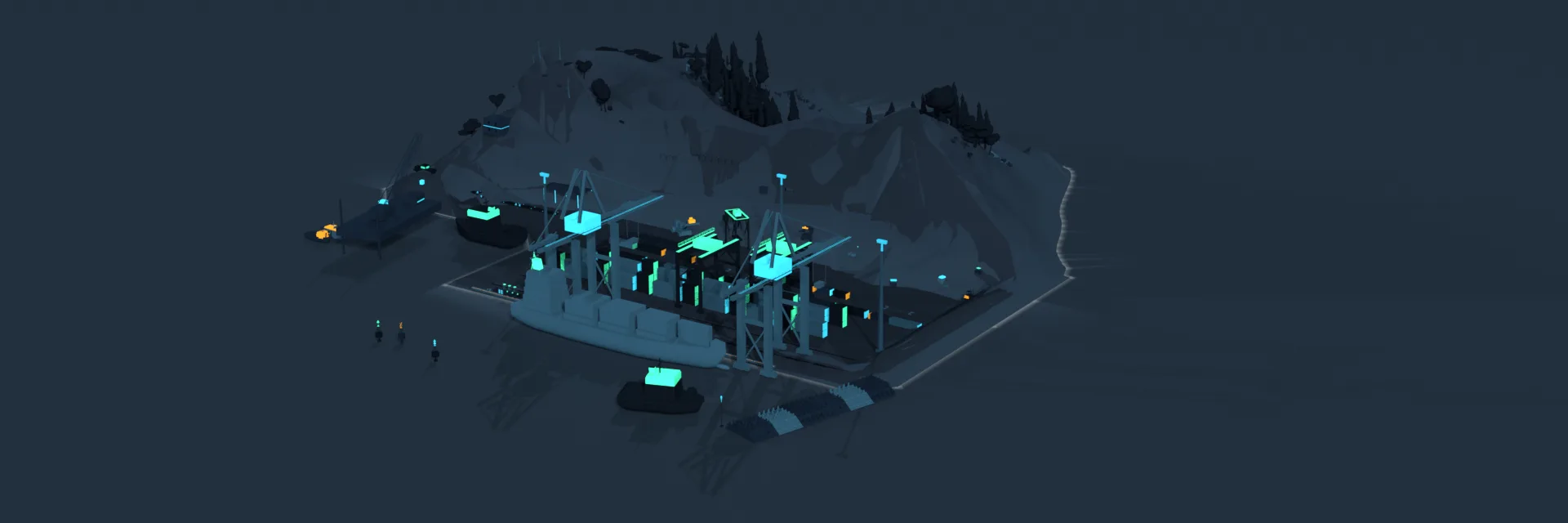 A container quay at night: gantry cranes over a ship, stacked boxes on the apron, a green ridge behind.