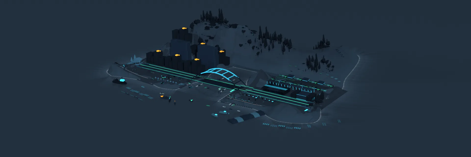 A river town at night: a lit arch bridge, a station platform, blocks of housing on the slope behind.